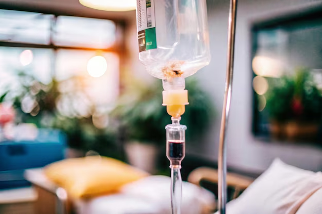 Photo of an IV bag on a pole.