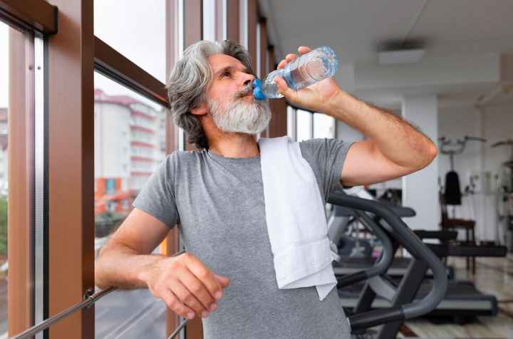 Picture of a man drinking water after a workout.